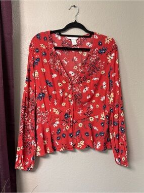 #812 H&M Red Floral Long Sleeve Boho Top Size 14
